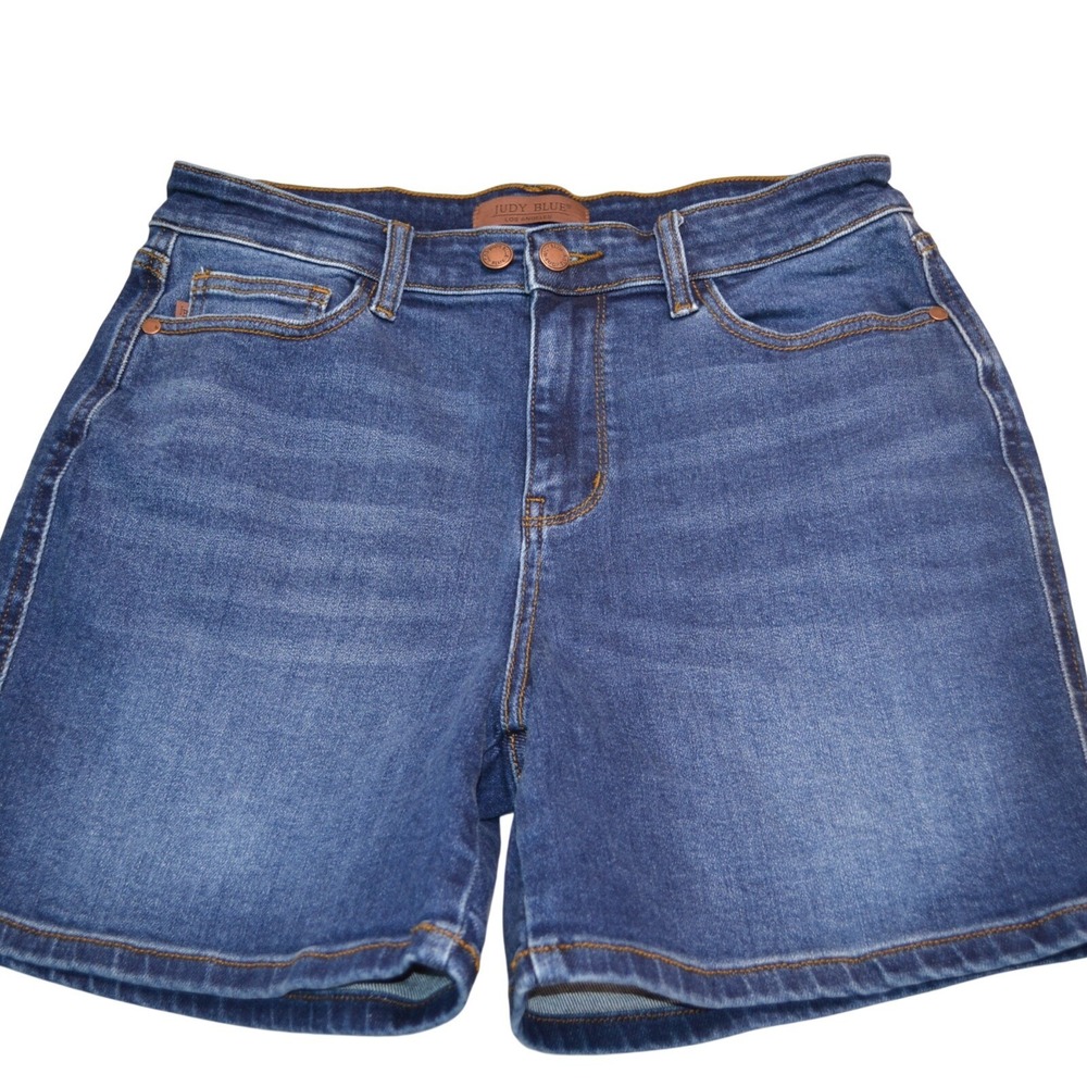 Judy Blue High Rise Mom Jorts Shorts Denim Travel Summer Dark Wash L Stretch - Picture 3 of 6